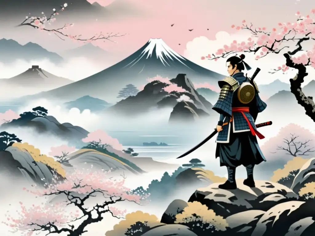 Un samurái solitario de una pintura japonesa contempla un paisaje neblinoso