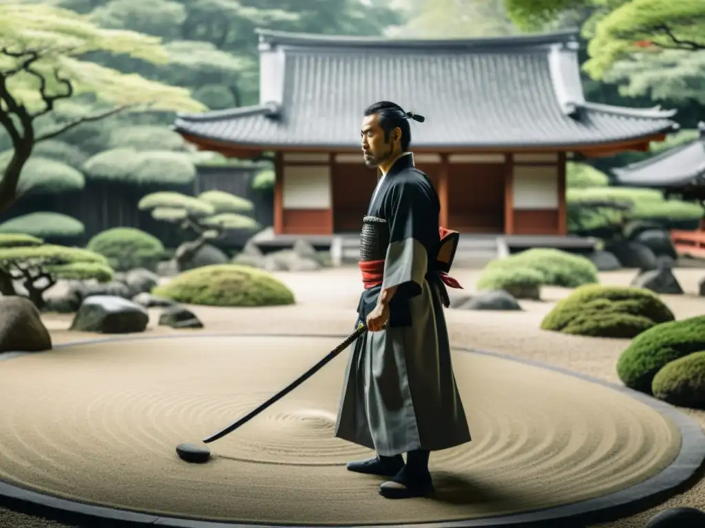 Un samurái solitario medita en un jardín zen, evocando la serena atmósfera de 'Autobiografía de un monje zen samurái'