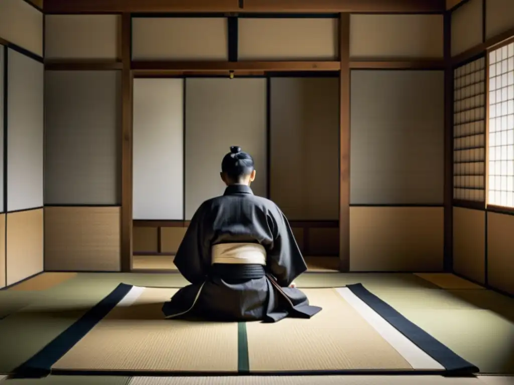 Samurai en contemplación zen: serenidad eterna Un samurái solitario medita en una habitación tradicional japonesa, irradiando serenidad y concentración