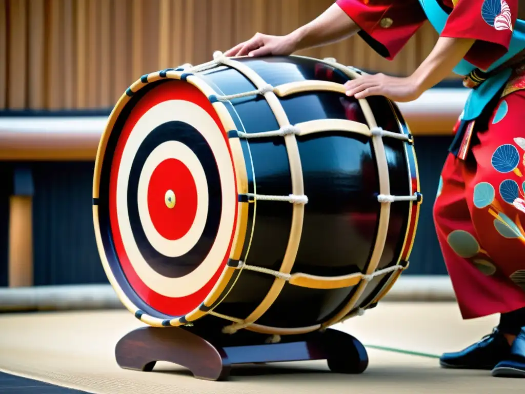 Un samurái toca con determinación un taiko decorado con colores vibrantes