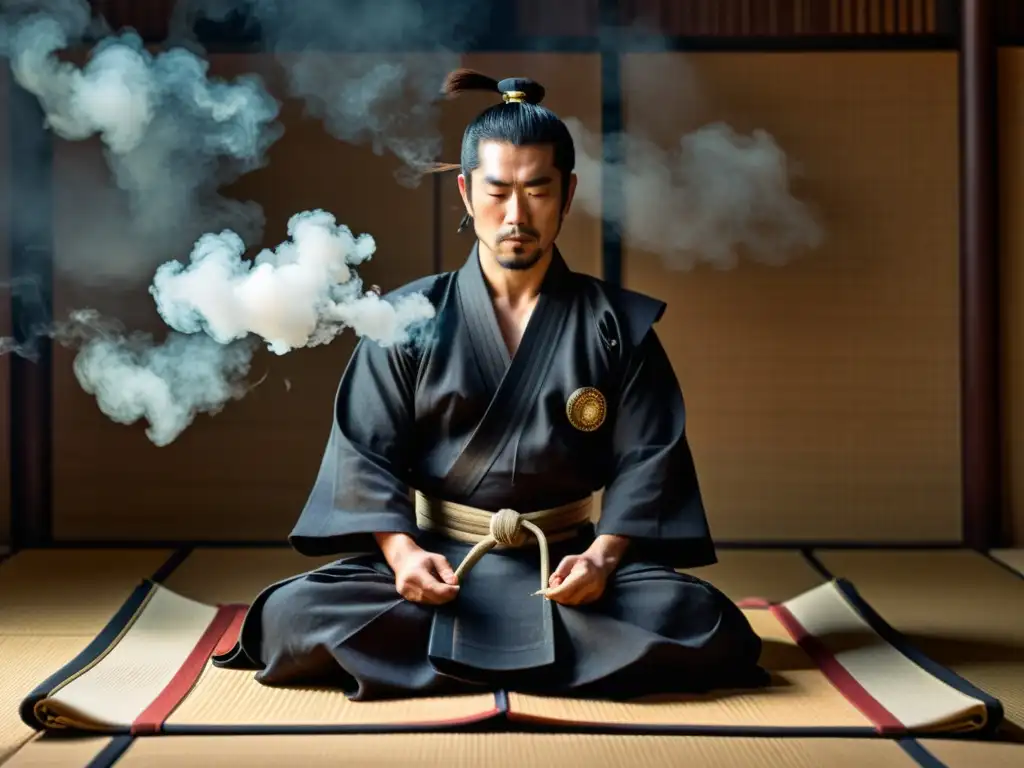 Un samurái en meditación, seiza sobre tatami, rodeado de humo de incienso