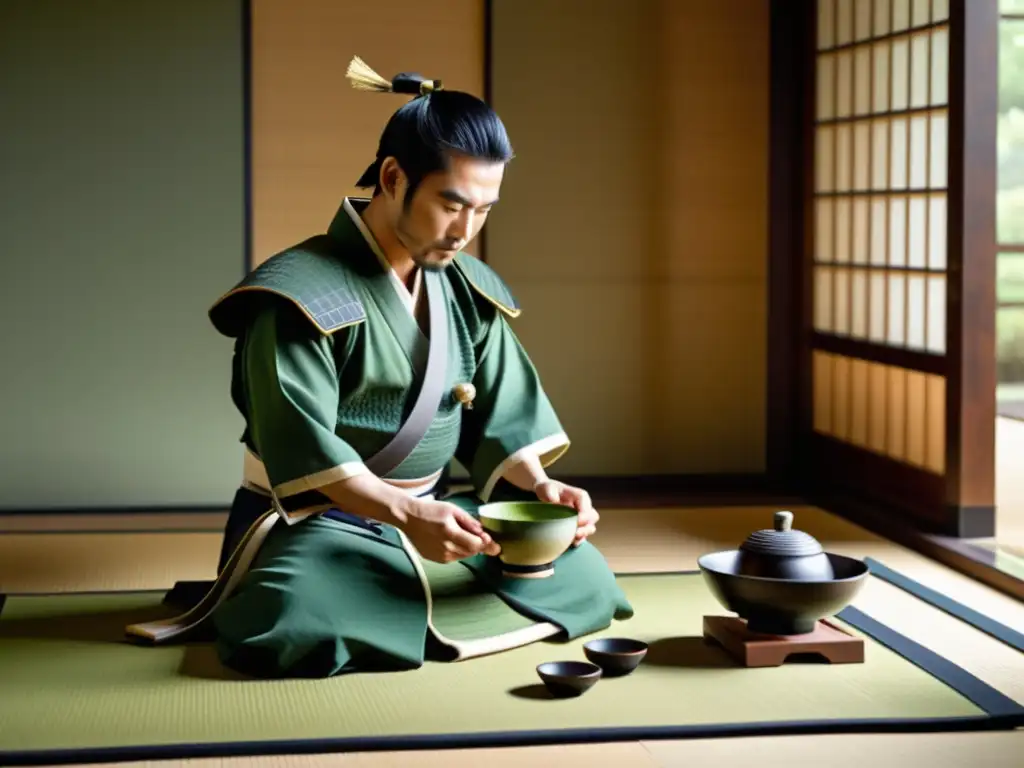 Un samurái preparando té matcha en su tatami