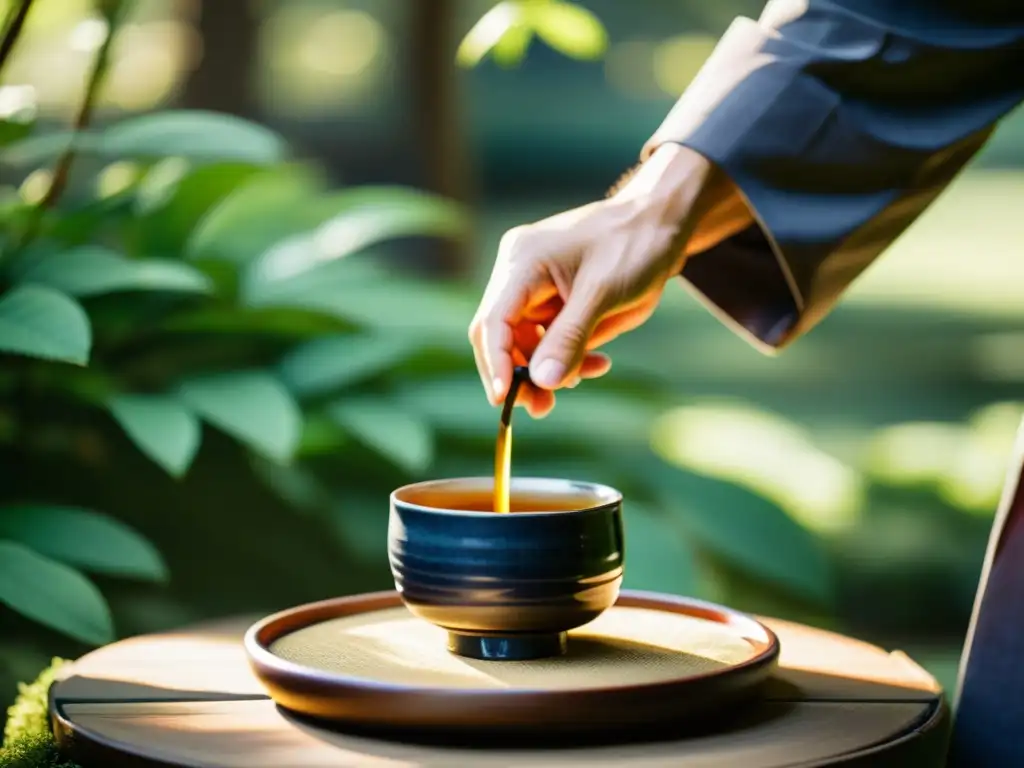 Un samurái vierte té en una taza en un jardín sereno, evocando los debates literarios sobre samuráis modernos