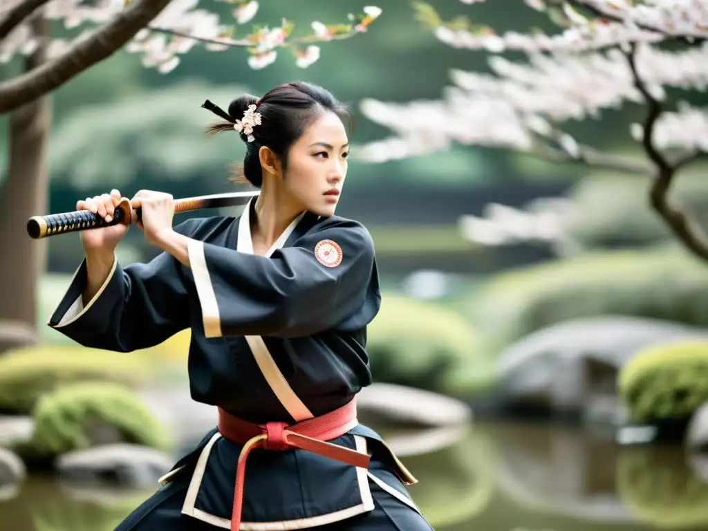 Un hábil samurái domina la técnica de la lanza naginata en un sereno jardín japonés, evocando tradición y tranquilidad