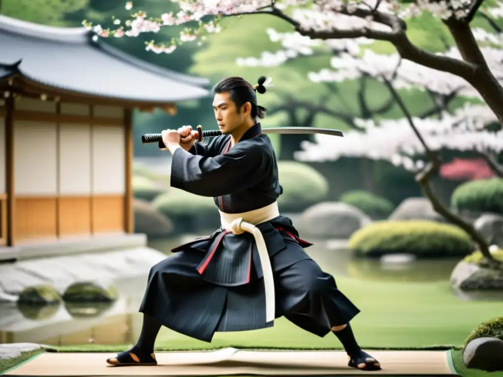 Un samurái ejecuta técnicas tameshigiri con su katana en un jardín japonés, donde la luz del sol y las flores de cerezo crean una atmósfera evocadora