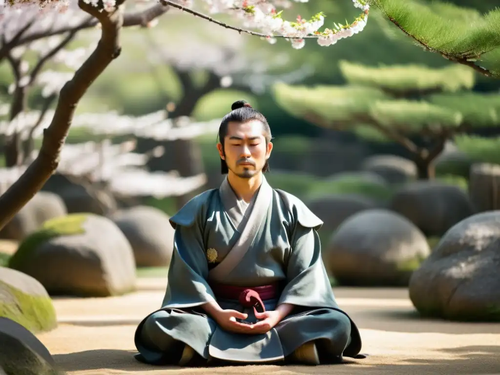 Samurái meditando en jardín zen con técnicas de meditación zen samurái