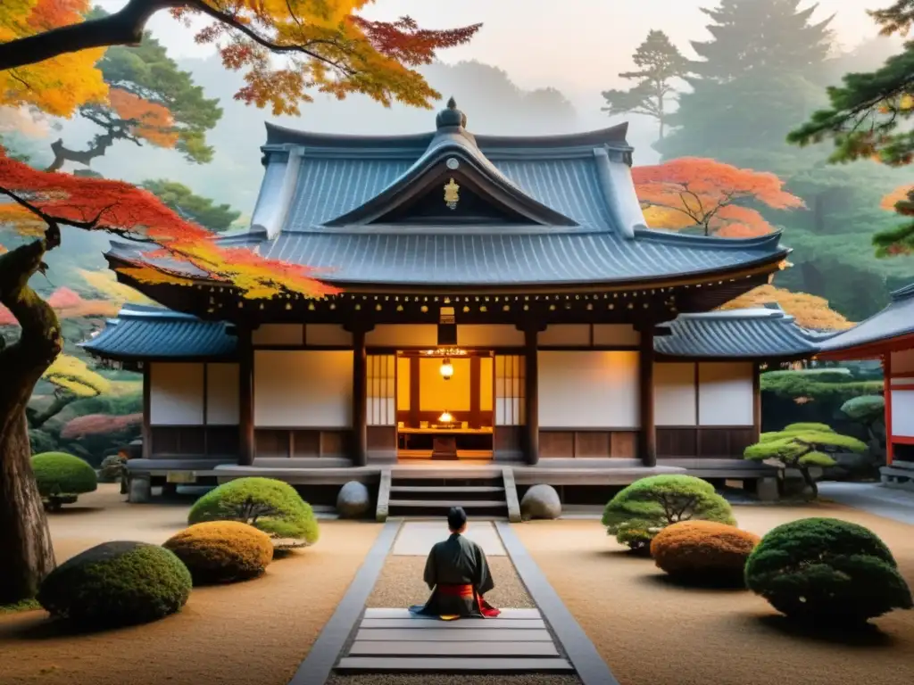 Un samurái medita en un templo japonés entre la naturaleza en otoño, con espiritualidad en la vida samurái