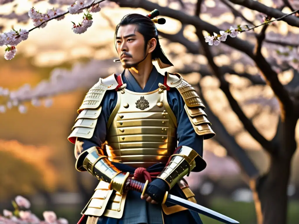 Un samurái tradicional en armadura completa con su katana, rodeado de cerezos en flor al atardecer
