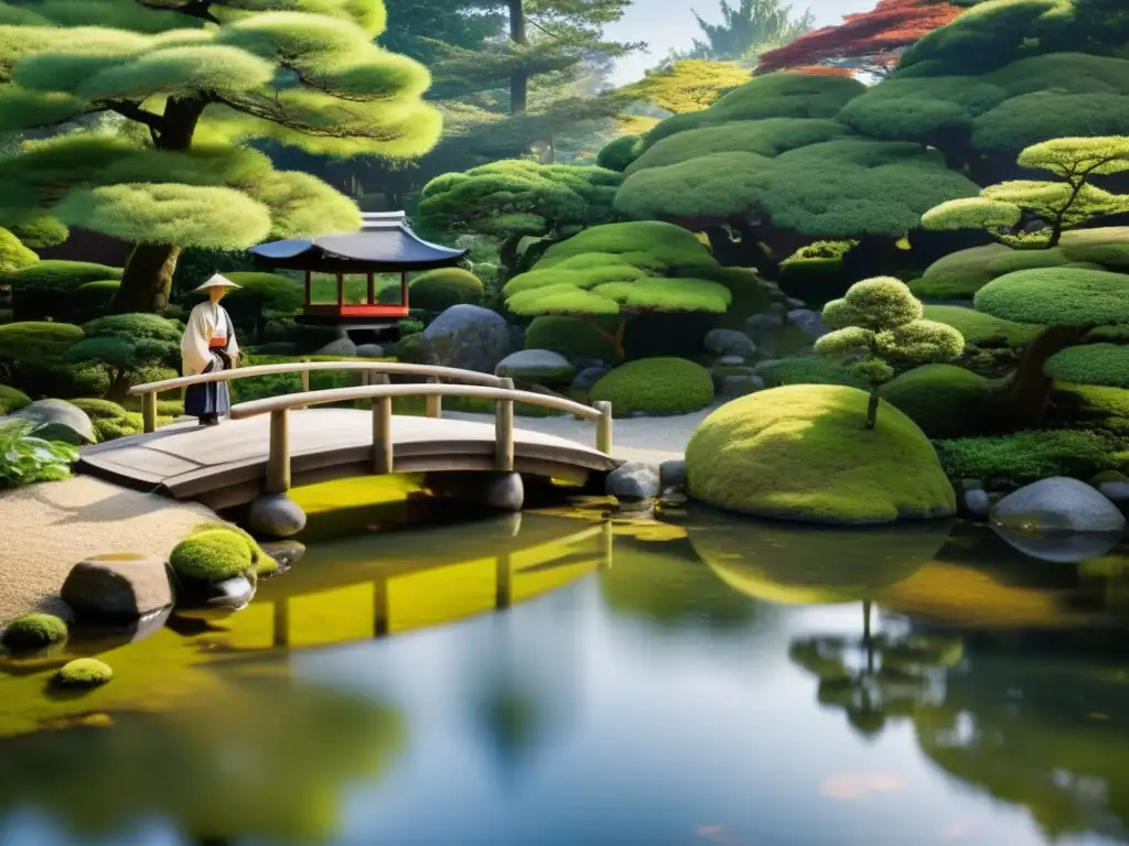 Un samurái contempla un jardín japonés tradicional con un estanque sereno y un puente de madera, reflejando la sostenibilidad en la cultura samurái