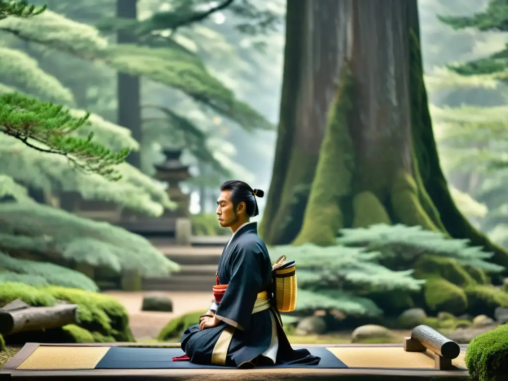 Un samurái tradicional japonés rezando en un sereno santuario shintoísta, rodeado de antiguos cedros y picos montañosos neblinosos