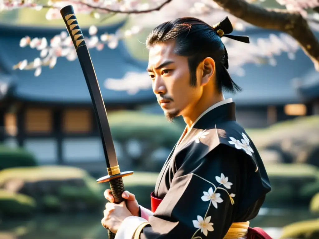 Un samurái tradicional sostiene con determinación un naginata en un jardín japonés sereno