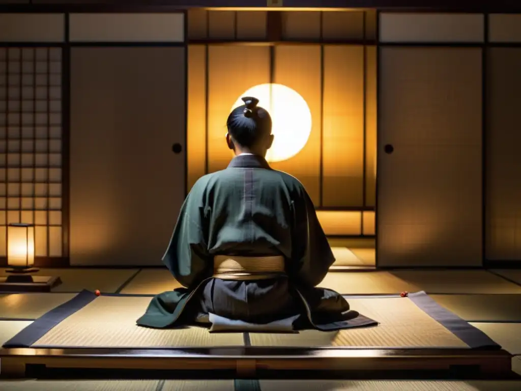 Un samurái medita en una habitación tradicional japonesa, reflejando la rutina diaria de entrenamiento samurái en un ambiente sereno y tranquilo