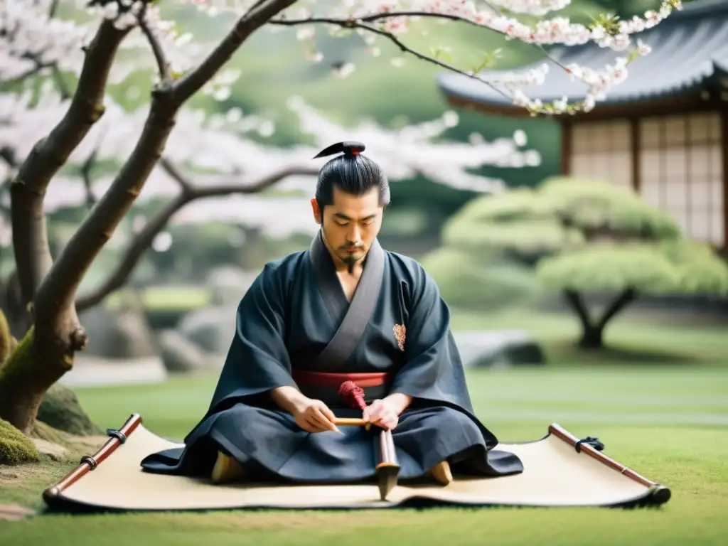 Un samurái japonés tradicional sentado en un jardín tranquilo, rodeado de árboles de cerezo, componiendo poesía con caligrafía