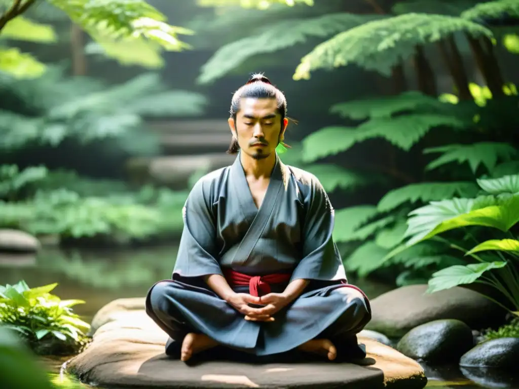 Un samurái meditando en un jardín tranquilo, con un aura de calma y enfoque