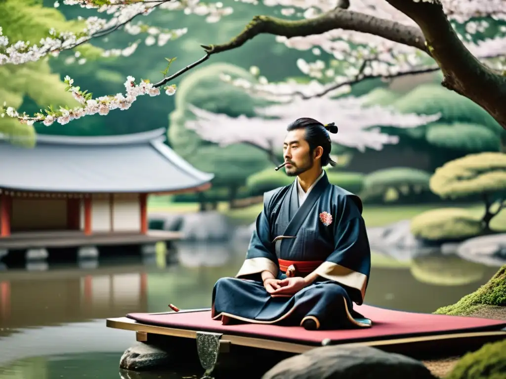 Un samurái japonés practica meditación en un jardín tranquilo, rodeado de árboles de cerezo en flor y un estanque