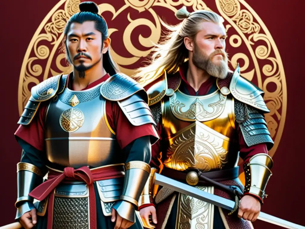 Samurai y Vikingos: Unión de Culturas Guerreras Samurái y vikingo, una ilustración detallada muestra armaduras y armas ornamentadas en un paisaje que fusiona culturas