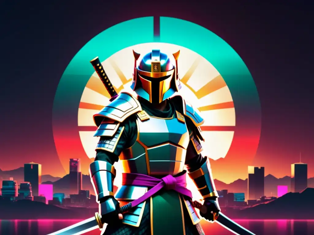 Un samurái virtual en pose de batalla, rodeado de elementos de videojuegos y cine, fusionando lo tradicional con lo futurista