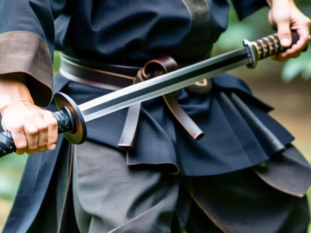 Un samurái demuestra zanshin al empuñar su katana, con la luz suave de un shoji en el fondo