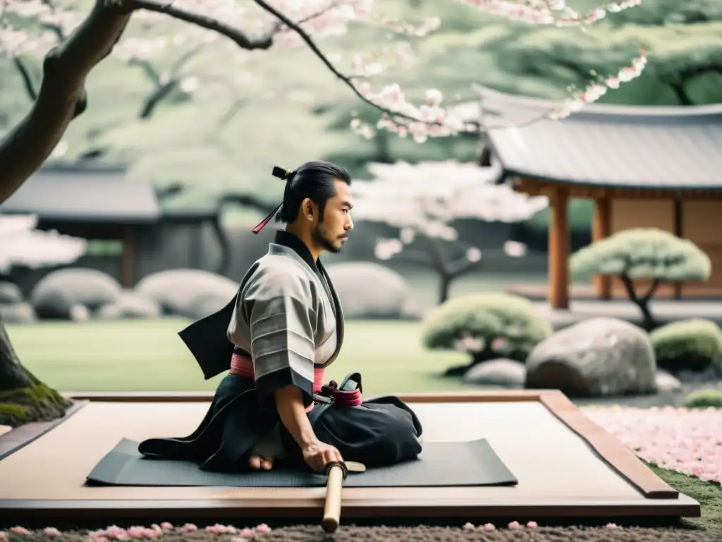 Un samurái practicando Zanshin en un jardín japonés, con postura firme y serena