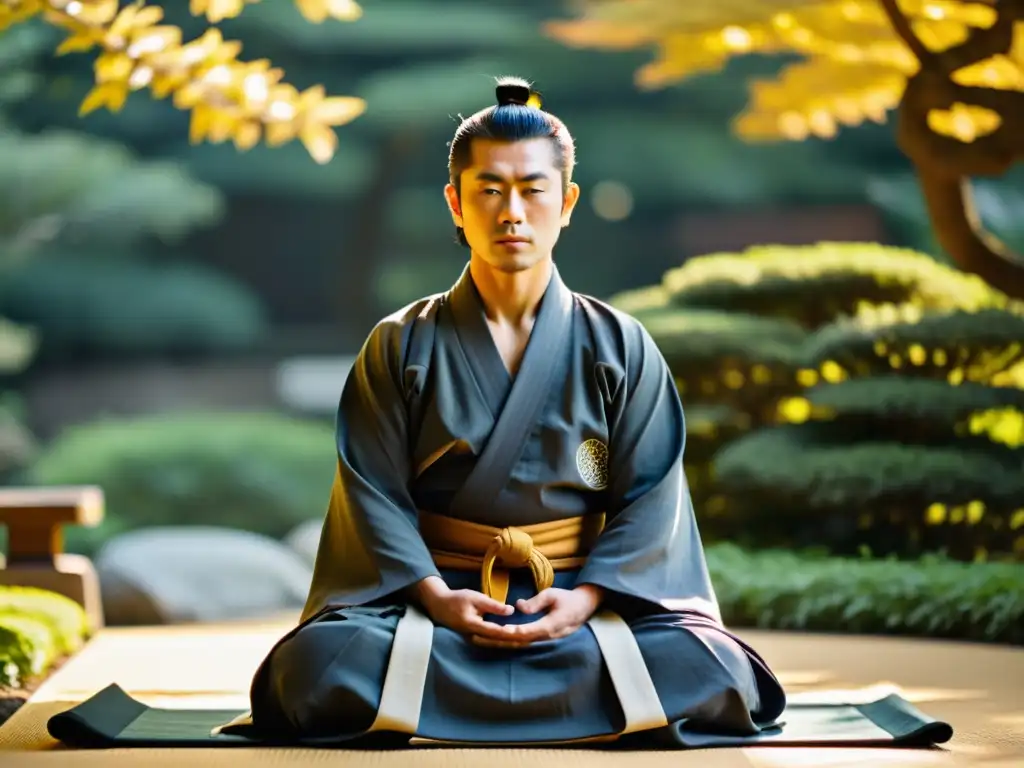 Un samurái practicando zazen en un jardín japonés, con armadura y postura perfecta, transmite fuerza interior y tranquilidad