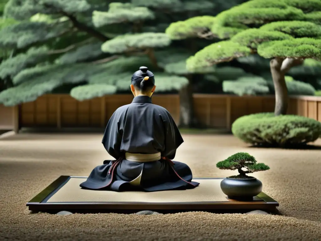 Un samurái en meditación Zazen, rodeado de un jardín tranquilo