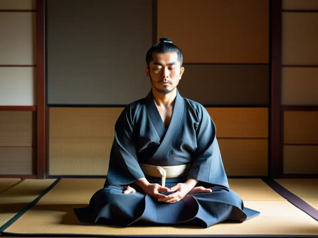 Un samurái japonés practica zazen en posición seiza sobre un tatami, evocando la serenidad de las técnicas de meditación samurái