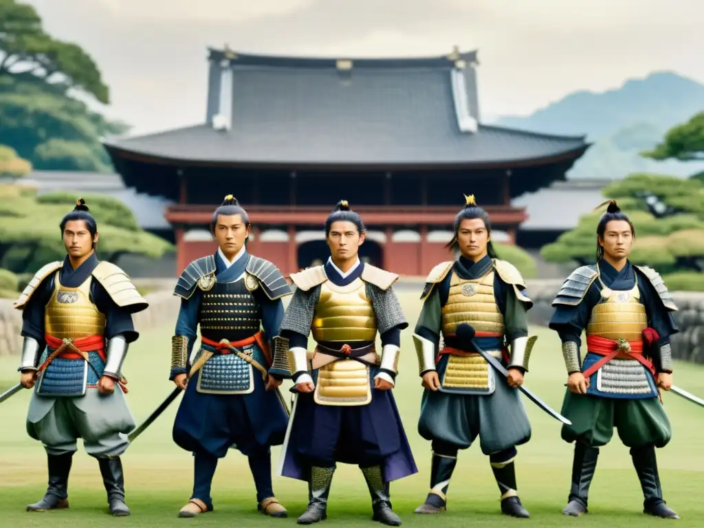 Samuráis en armadura tradicional frente a un castillo japonés durante la Restauración Meiji, reflejando determinación y respeto en un duelo de poder