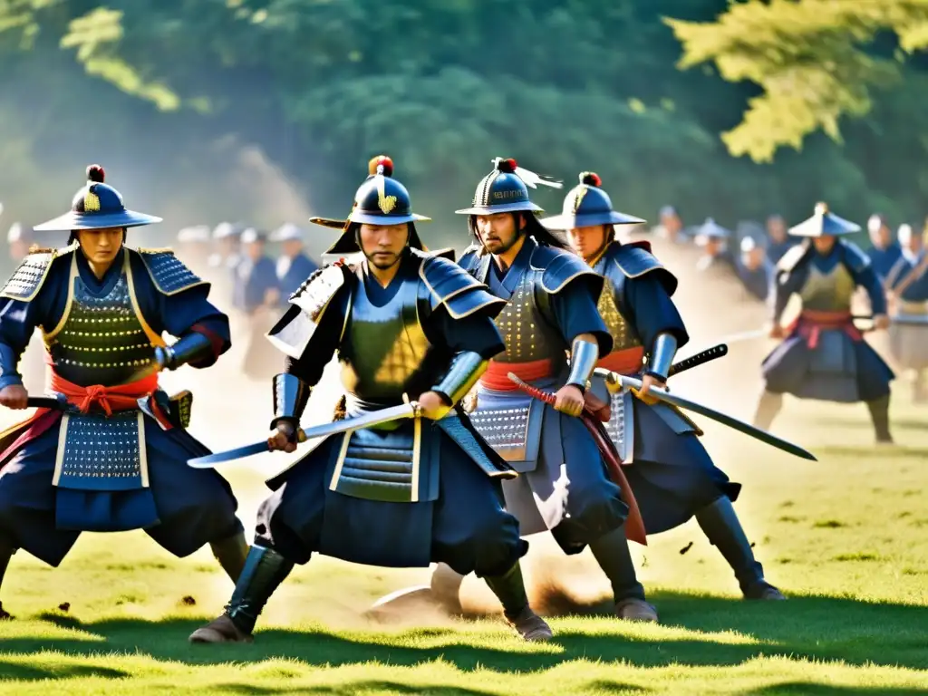 Unos samuráis en armaduras auténticas recrean una batalla histórica en un campo, con intensidad y energía en el festival Shingenko Matsuri