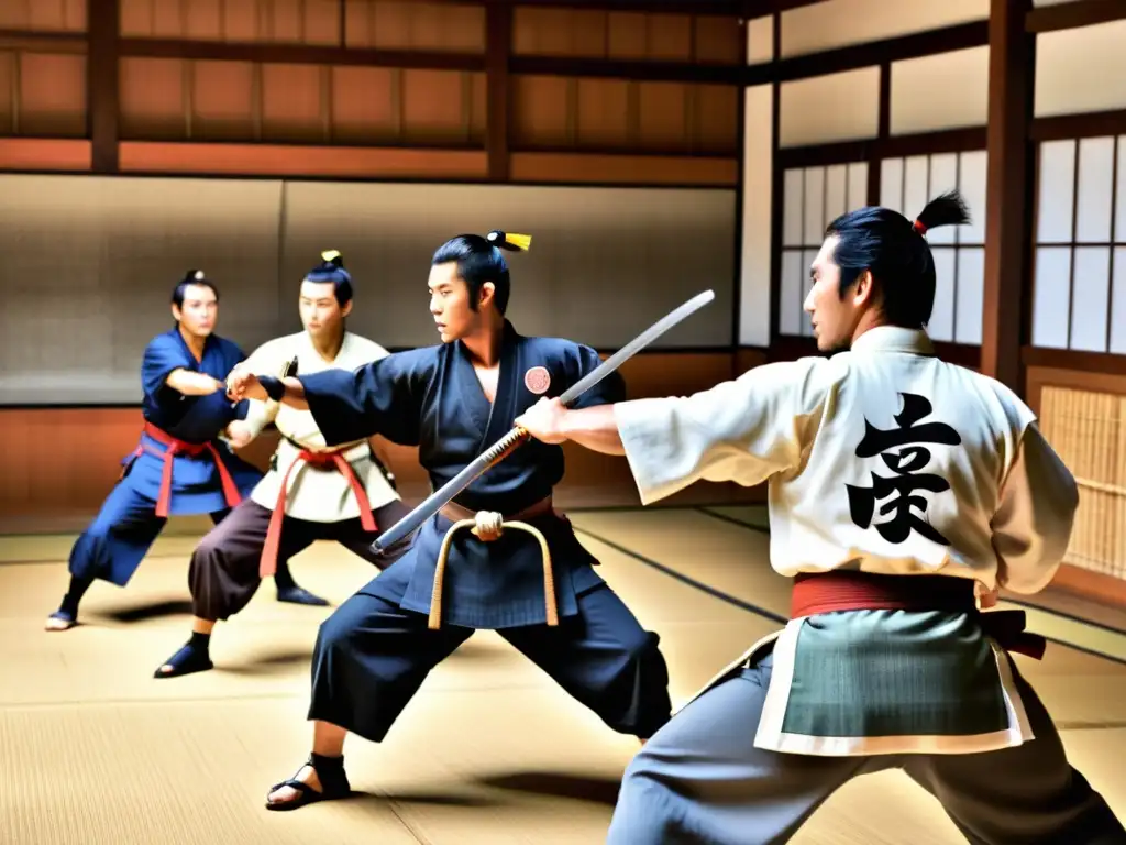 Samuráis practican artes marciales en un dojo tradicional de Fushimi, Kyoto, evocando la historia y cultura samurái de la región