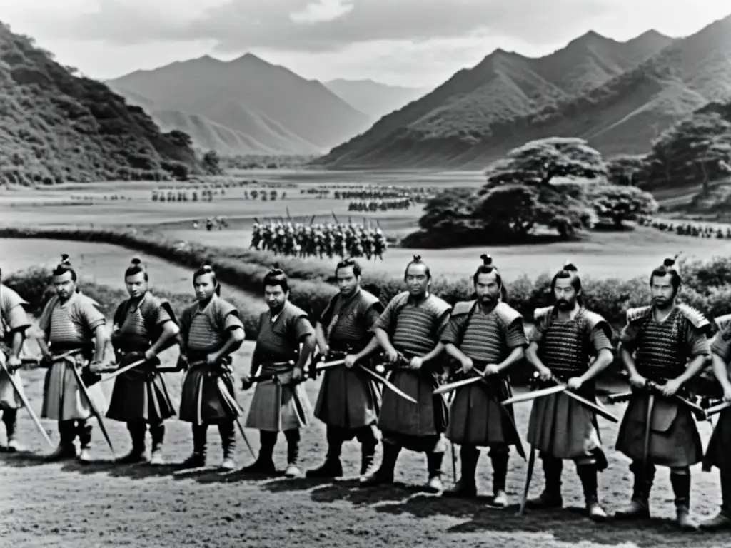 Los siete samuráis se preparan para la batalla en una escena clásica en blanco y negro de la película japonesa 'Los siete samuráis' de Akira Kurosawa