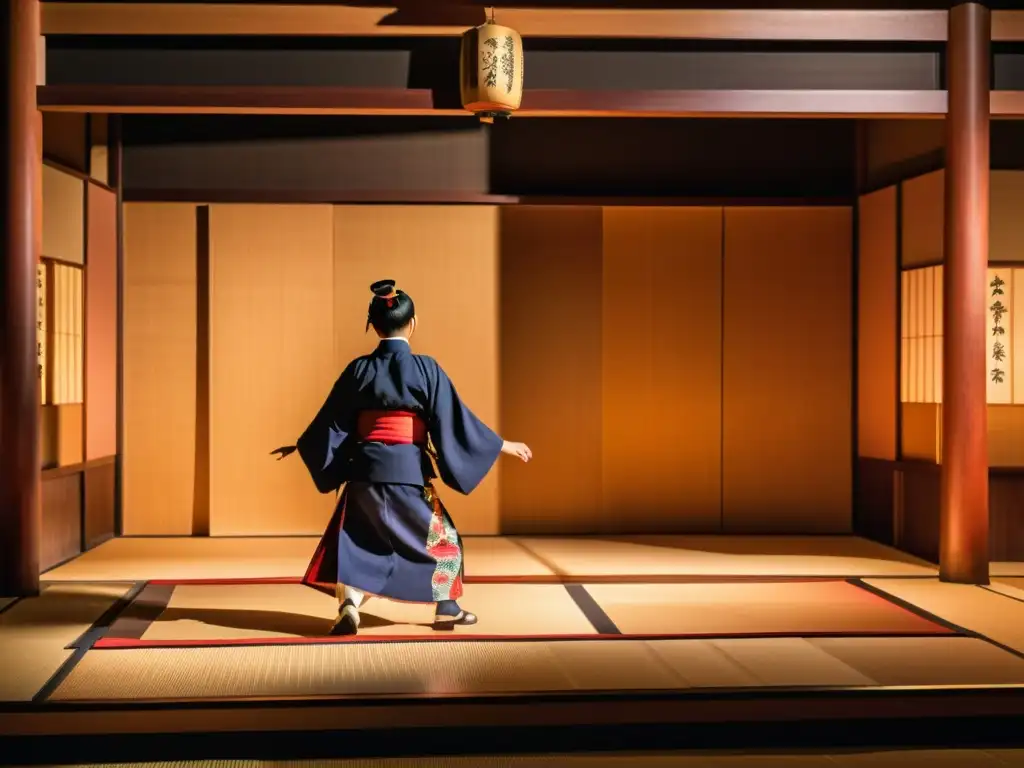 Representación de samuráis en drama japonés: Escenario de teatro Noh con actores en kimono y atmósfera de honor y dramatismo