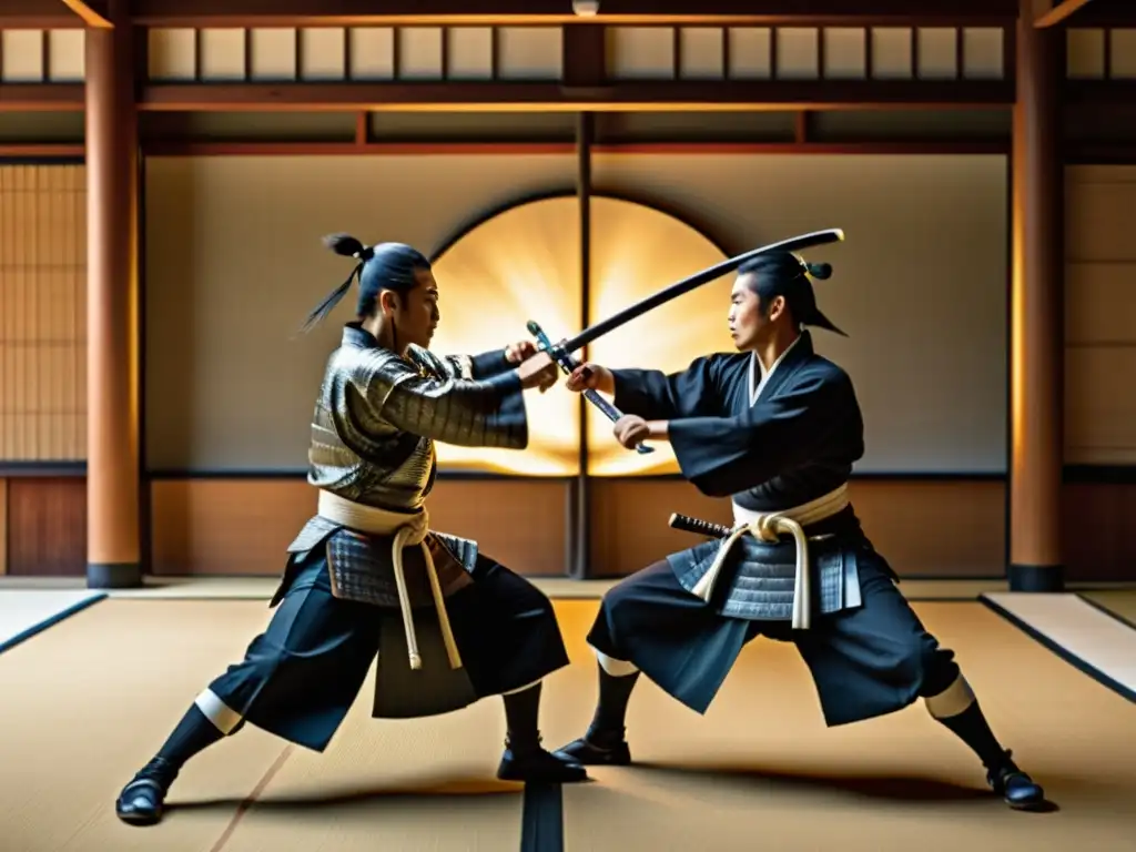 Dos samuráis expertos en una intensa pelea con katanas en un dojo japonés