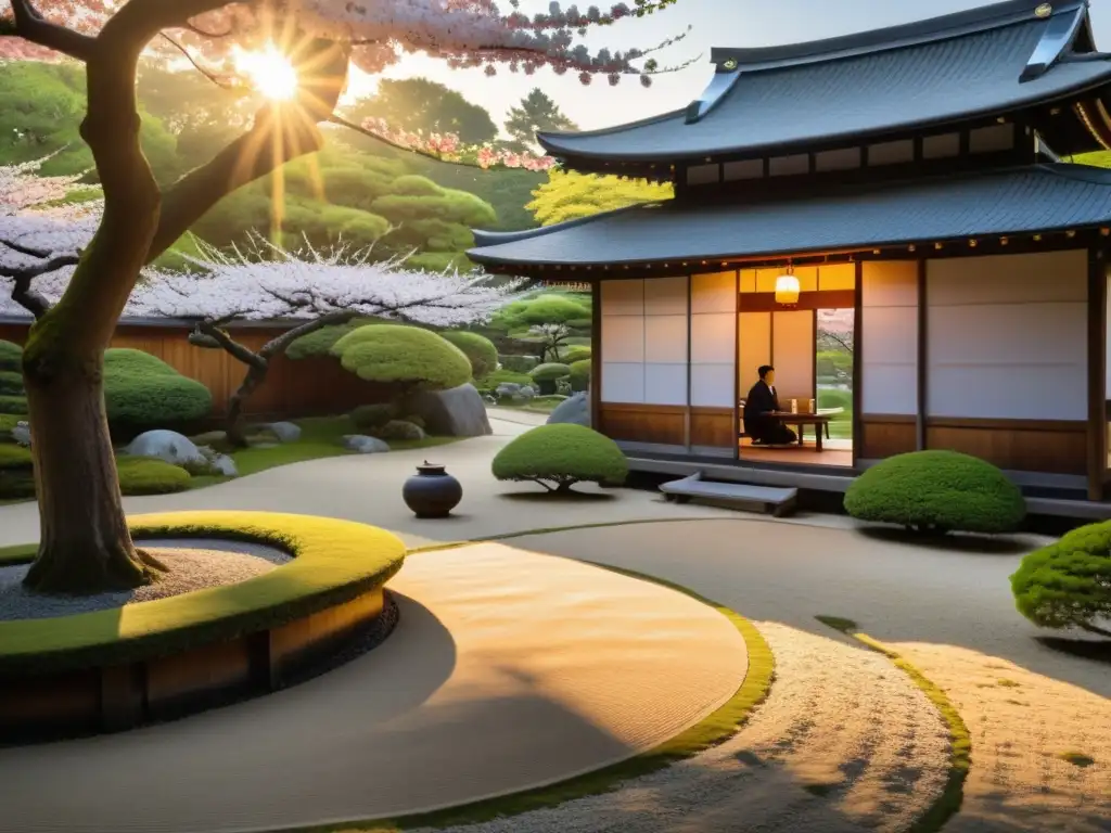 Dos samuráis practican haiku al amanecer en un jardín japonés sereno y neblinoso, con árboles de cerezo en flor y una casa de té de madera