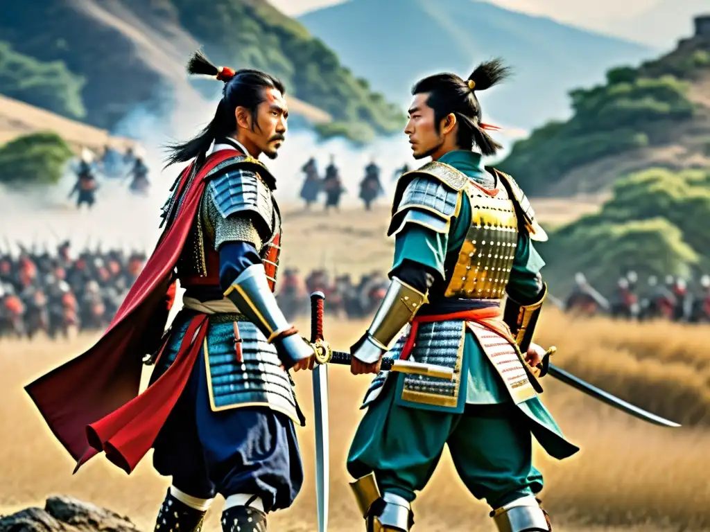 Duelo de samuráis en el atardecer: intensa batalla Dos samuráis históricos honor en un épico duelo, con intensidad y honor en un paisaje dramático al amanecer o atardecer