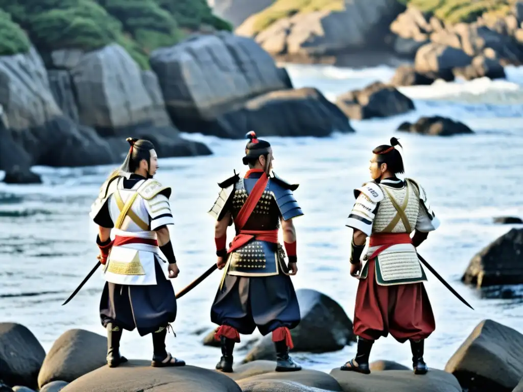Épico duelo de samuráis en la costa de Dannoura Dos samuráis históricos honorables del clan Taira y Minamoto se preparan para un épico duelo en la áspera costa de Dannoura al atardecer