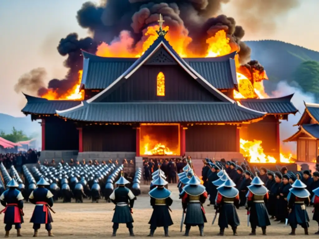 Samuráis observan la rebelión Kirishitan en Japón, con una iglesia ardiendo de fondo