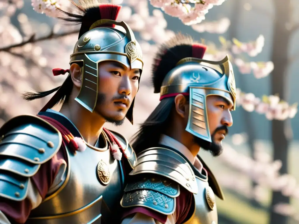 Dos samuráis en intensa batalla bajo cerezos en flor, reflejando historias románticas en el contexto samurái