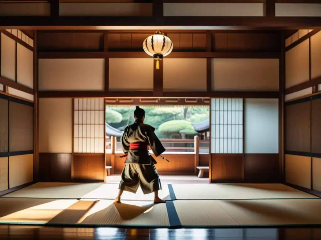 Samuráis en intensa práctica de artes marciales en la cultura samurái, destacando su disciplina y precisión en un tradicional dojo japonés