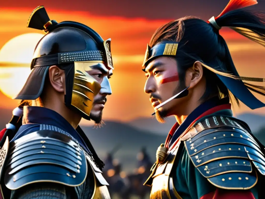 Duelo de samuráis al atardecer: detalle y determinación Dos samuráis en un intenso duelo, con detallado atuendo y determinación en sus ojos, en un escenario de batalla al atardecer