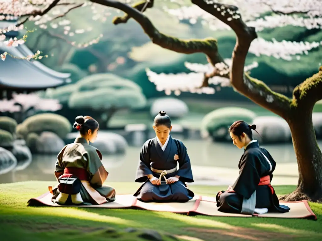 Formación de jóvenes samuráis por jesuitas: Ceremonia de té en jardín japonés con sacerdote y samuráis jóvenes en atuendo tradicional