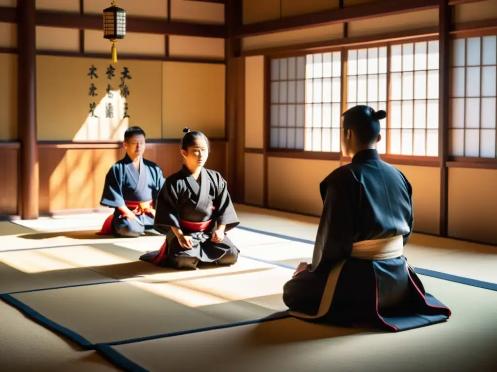 Formación de jóvenes samuráis por jesuitas en un dojo, escuchando atentamente al sabio sacerdote entre una atmósfera de reverencia y disciplina