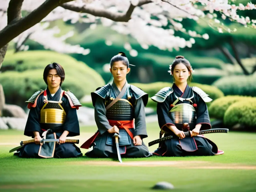 Formación de jóvenes samuráis por jesuitas: Entrenamiento serio en jardín japonés, con cerezos en flor y espadas katana