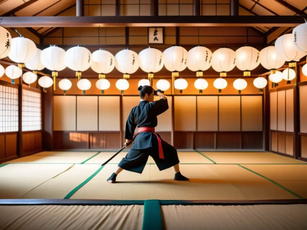 Formación de jóvenes samuráis por jesuitas: Jóvenes samuráis entrenan con disciplina en un tradicional dojo japonés iluminado por linternas de papel