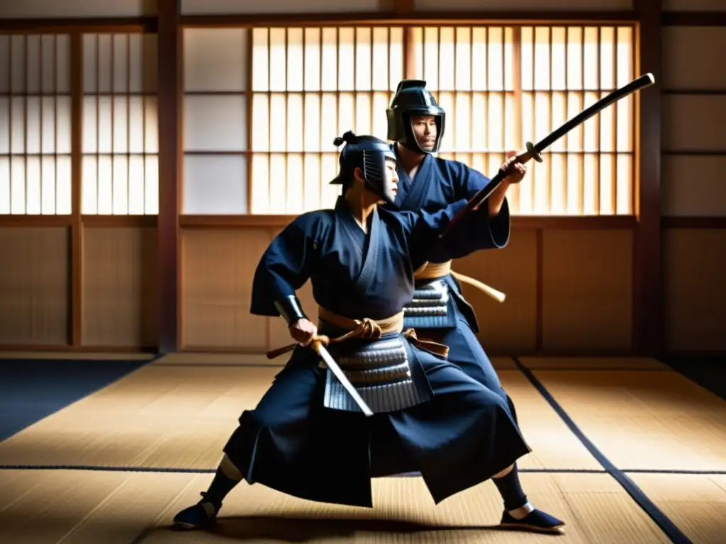 Dos samuráis practican kendo en un dojo tradicional, mostrando la disciplina y el satori en la vida cotidiana samurái