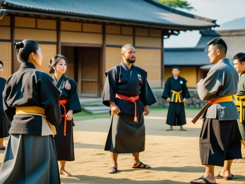 Samuráis y misioneros jesuitas conviven en una aldea japonesa, practicando artes marciales y actividades religiosas