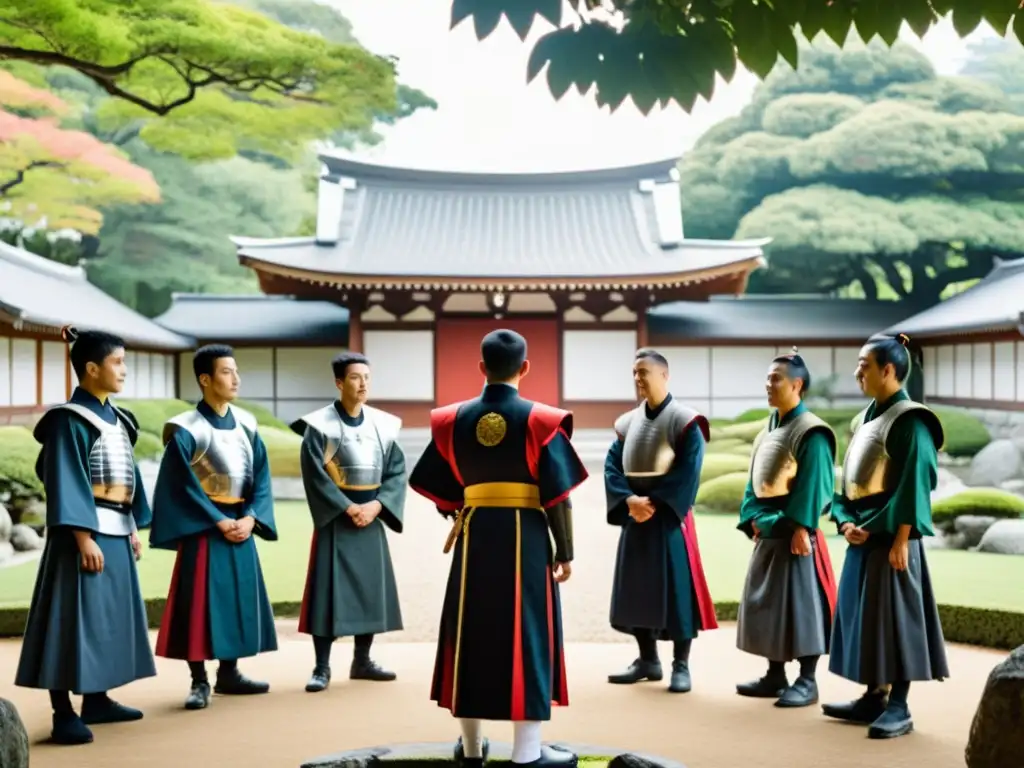 Interacción entre samuráis y misioneros jesuitas en un jardín japonés, reflejando honor y determinación