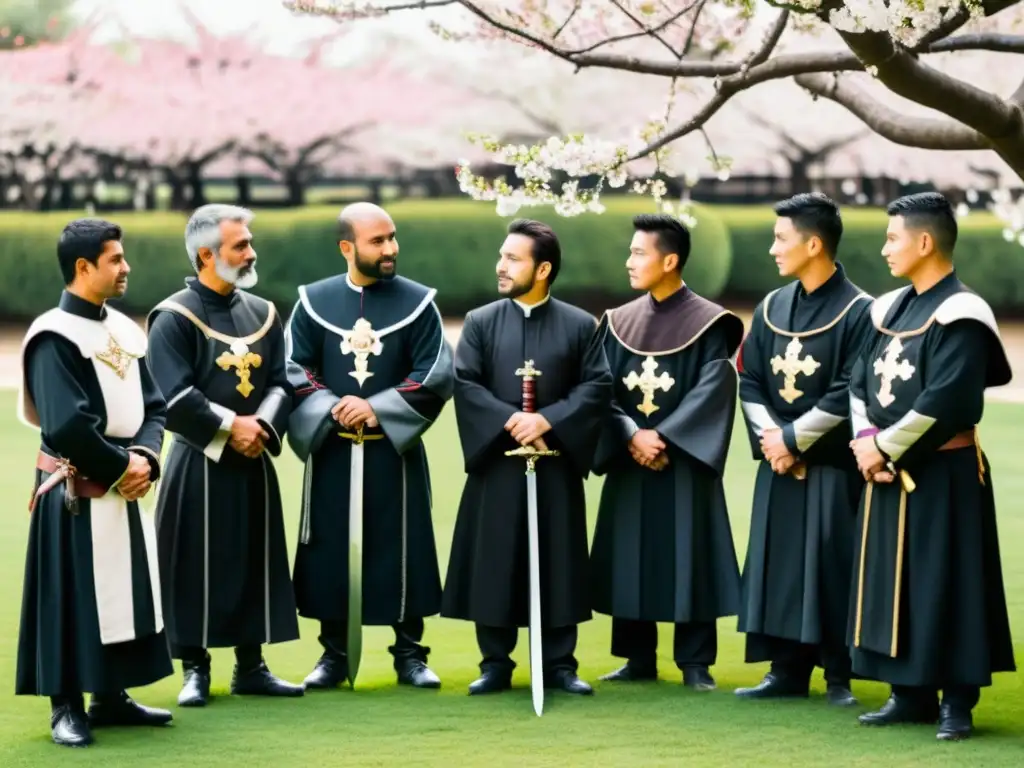 Interacción entre samuráis y misioneros jesuitas en un jardín sereno con cerezos en flor, reflejando la complejidad de culturas y creencias