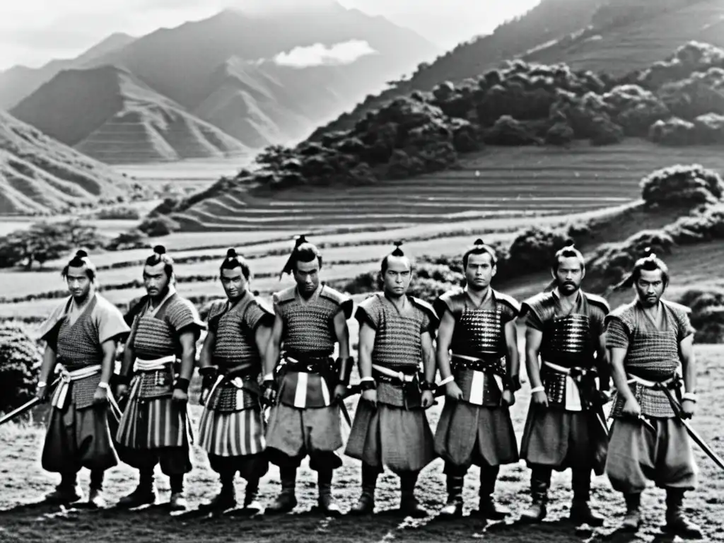 Siete samuráis de pie en fila, con expresiones determinadas, en un paisaje rural