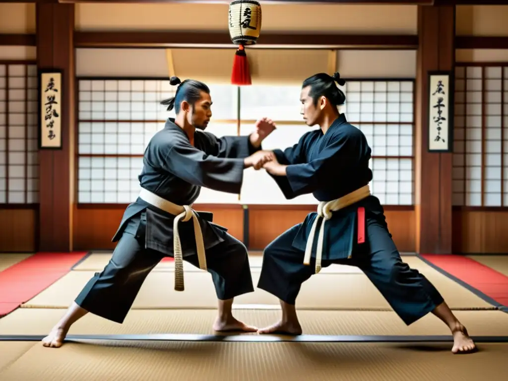 Dos samuráis practicantes del Bushido en un dojo tradicional, mostrando gracia y disciplina en un combate respetuoso