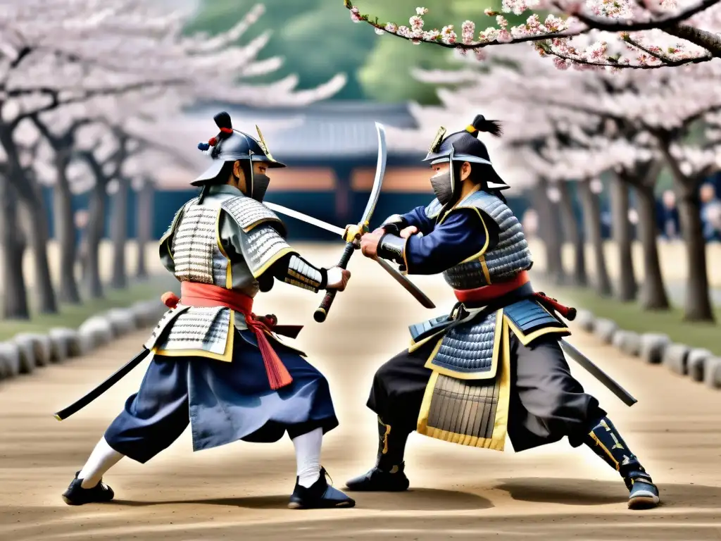 Dos samuráis preparados para el combate en un escenario tradicional, rodeados de árboles de cerezo en flor